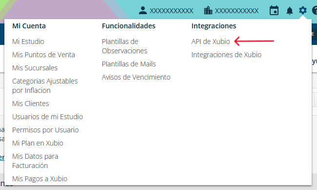 Xubio: menú Configuración → Integraciones → API de Xubio