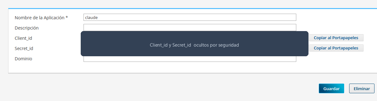 Xubio: formulario de la App Cliente; el Client_id y el Secret_id están ocultos