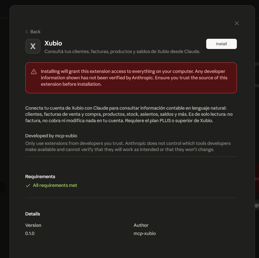Claude Desktop: diálogo de la extensión Xubio con el botón Install