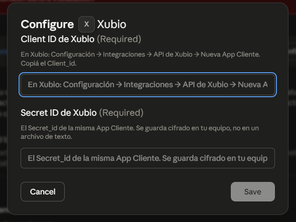 Claude Desktop: formulario para pegar el Client ID y el Secret ID